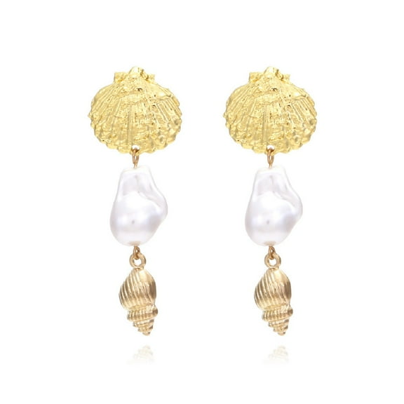 QDDollarsFun Seashell Conch Earrings, Beach Conch Shell Long Earrings for Women, Bohemian Baroque Pearl Seashell Dangle Earrings, Sea Snail Earrings Summer Boho Jewelry