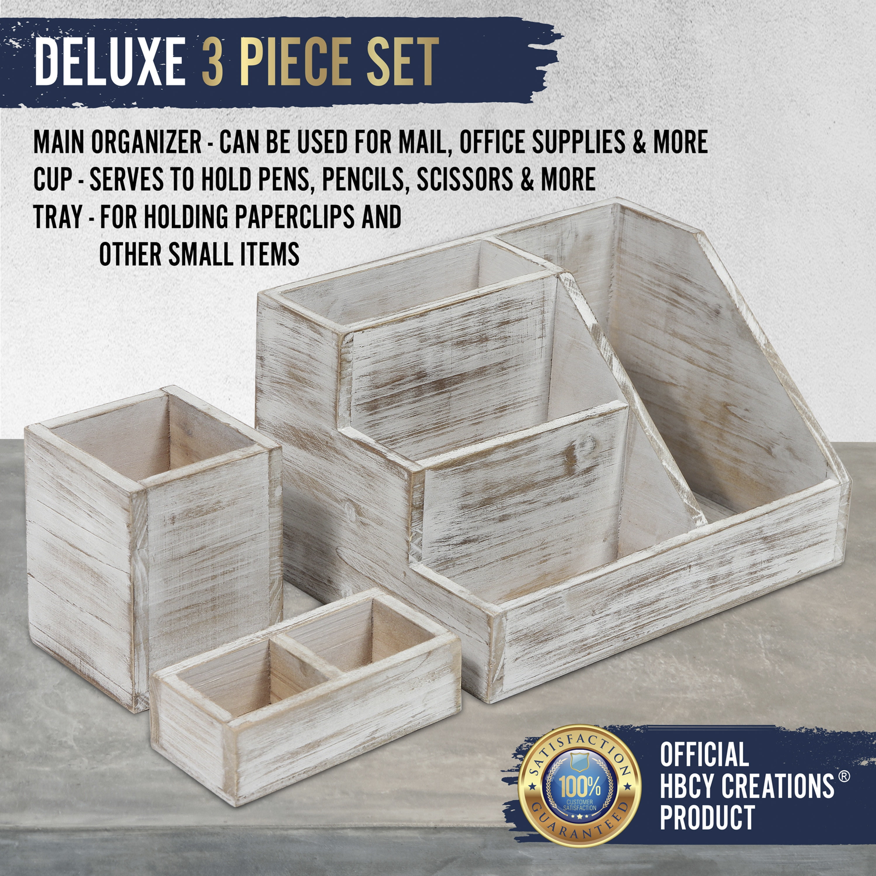HBCY Creations 3 PIECE Whitewashed Wooden Desk Organizer Set- Rustic Mail Organizer For Desktop - Great For Rustic or Industrial Decor! Makeup Organizer For Vanity