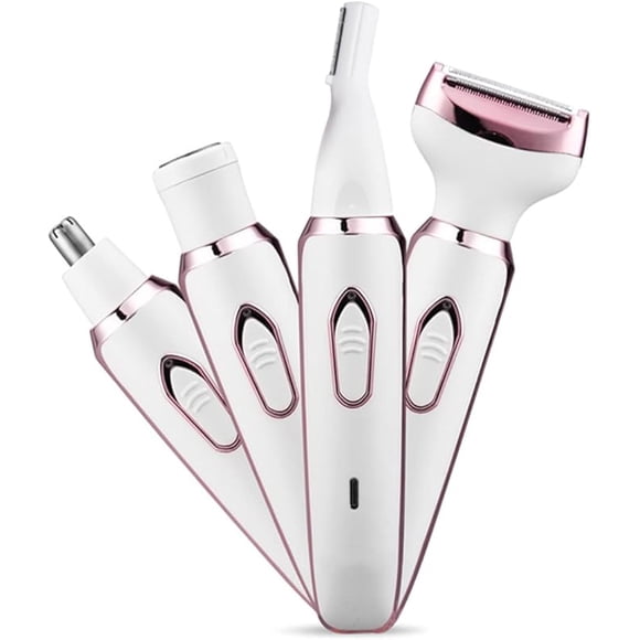 4 in 1 Women Bikini Trimmer, Rechargeable Electric Shaver, Painless Facial Razor with Replaceable Heads, Grooming Kit for Eyebrow, Nose, Body Hair Removal, Portable Travel Lady Body Trimmer