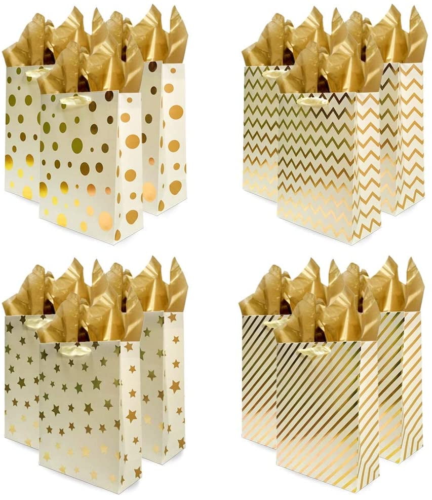 UNIQOOO Gold Metallic Foil Gift Bags Bulk with Gold Tissue Paper, 12 Set