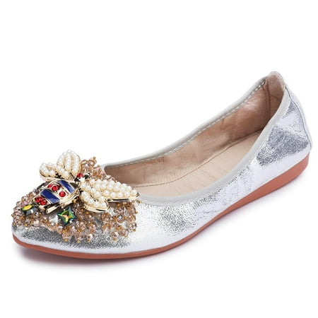 

Odema Women Rhinestone Bee Ballerina Shoes Foldable Slip on Flat Shoes Silver