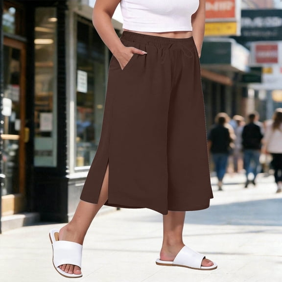 Linen Wide Leg Palazzo Pants for Women Elastic High Waist Culottes Flowy Lightweight Trousers with Side Split Lounge Streetwear Bottoms Boho Vacation-wear
