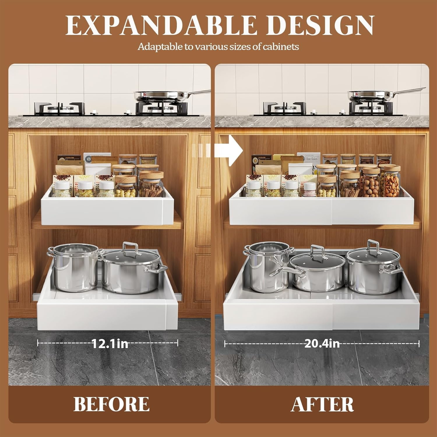 2 Packs Expandable 12″–21″Carbon Steel Pull Out Cabinet Organizer, TAIMASI Heavy-Duty Slide Out Drawer Kitchen Cabinet, Rust-Resistant Rack, No Drill Under Sink Storage Shelf