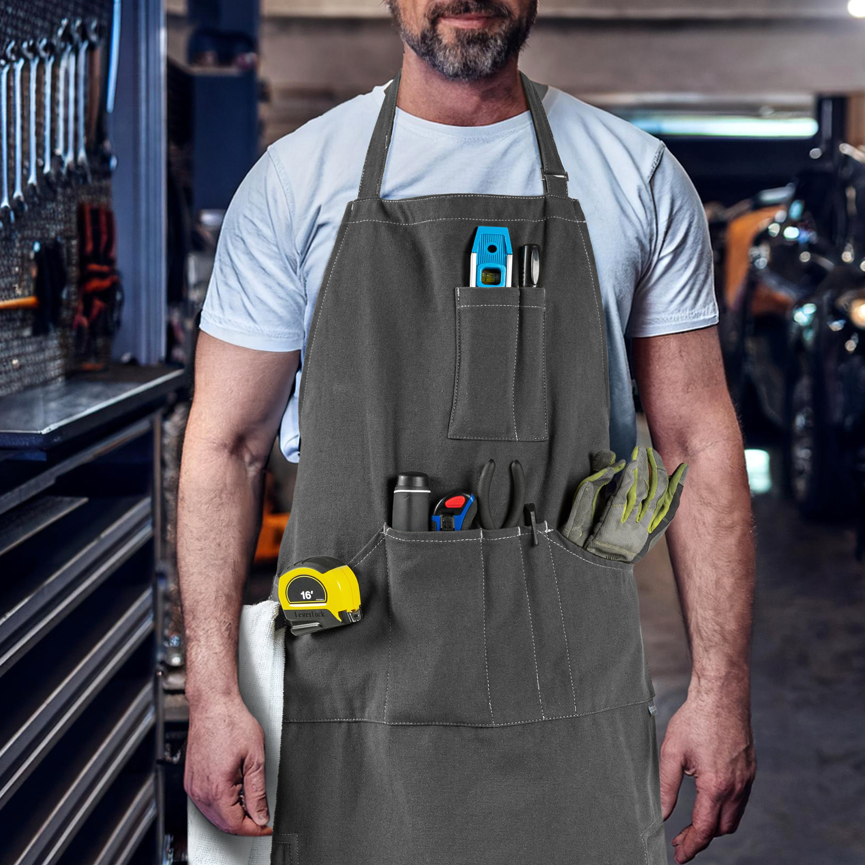 OPUX Chef Apron for Men, Canvas Apron with Pockets for Women, Large BBQ Apron for Kitchen Grilling Baking, Heavy Duty Work Apron with Adjustable Neck Strap for Barber Gardening, Grey
