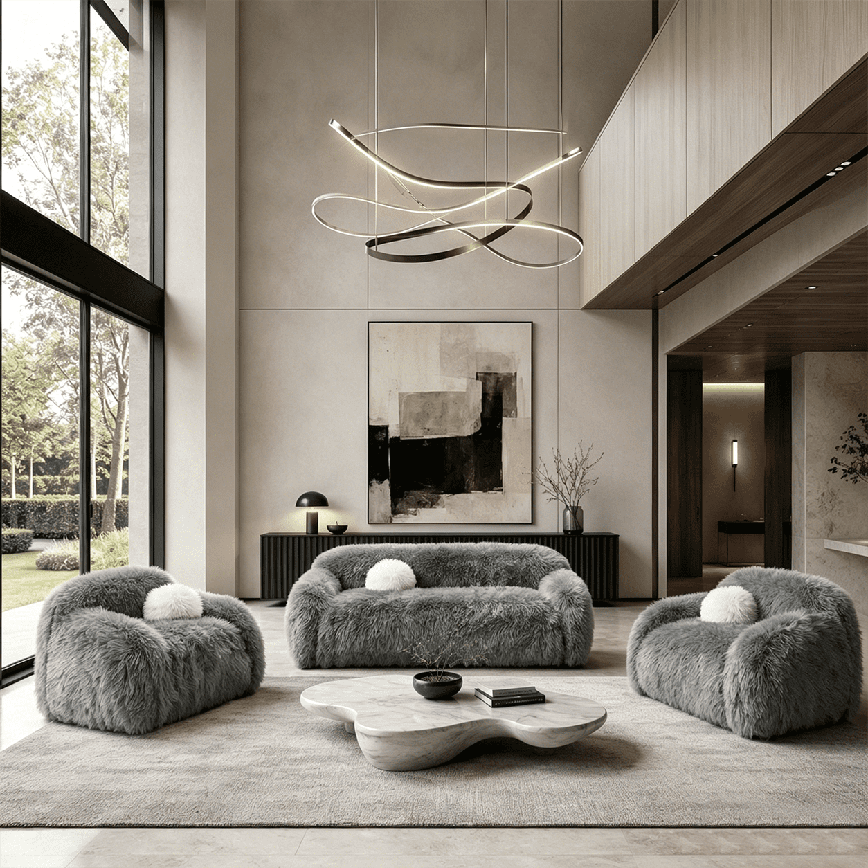 Aenkyo 84 Inch Plush Faux Fur Sofa, 25 Inch Deep Seat 3-Seater Couch with Ball Pillow, Gray