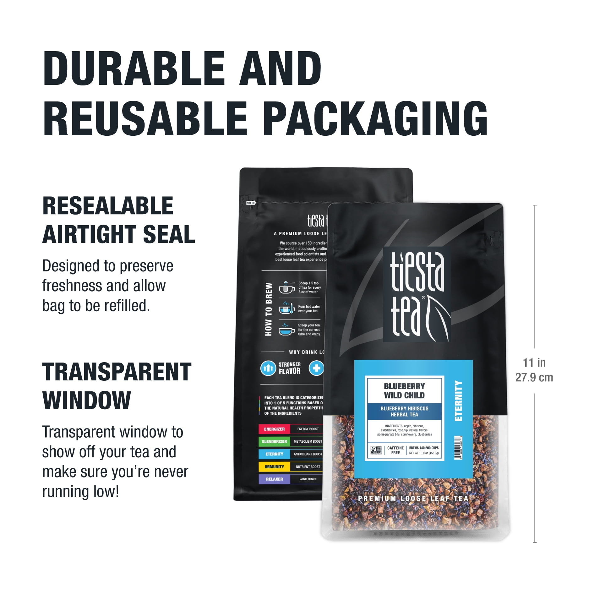 Tiesta Tea - Blueberry Wild Child, Eternity Loose Leaf Fruit Tea, Caffeine Free, GMO-Free, Make Hot or Iced Tea & Brews Up to 200 Cups - 16 oz Resealable Bulk Pouch