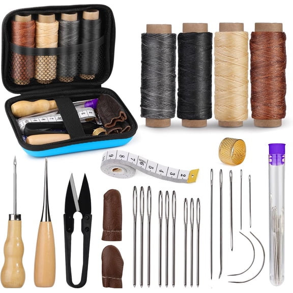 YMWVH Leather Stitching Kit Heavy Duty Hand Sewing Tools Awl Needles Waxed Thread Upholstery Repair for Car Seat Sofa