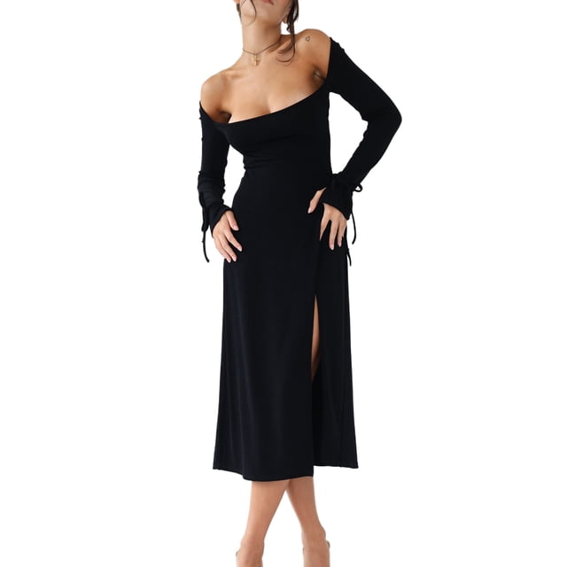 Txlixc Vestido de mujer, cuello cuadrado sólido, manga larga, vendaje de espalda abierta Txlixc moda