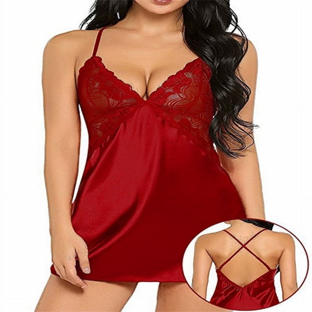 Europa y los Estados Unidos ropa interior sexy sexy imitación hielo seda espalda cruzada tirantes camisón divertido conjunto