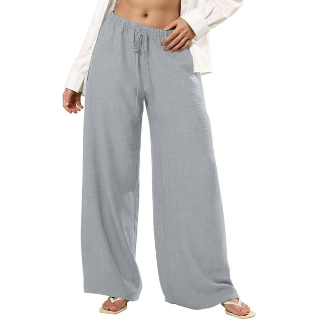 FAIWAD Wide Leg Linen Pants for Women Summer Flowy High Waisted Drawstring Palazzo Pants Beach Vacation Boho Pants