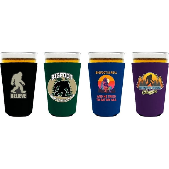 Bigfoot Funny Designs Pint Glass Coolie 4 Pack Set