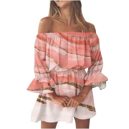 

asdoklhq Maternity Dress Stylish Women s Summer Sexy Casual Off Shoulder Bell Sleeve Solid And Printed Dresses