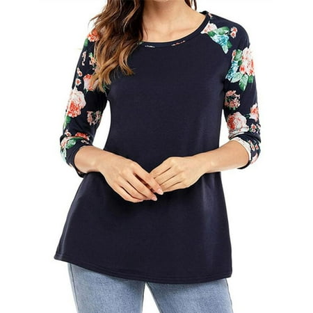 - Starvnc Women 3/4 Sleeve Round Neck Splice Design Floral Print Tops