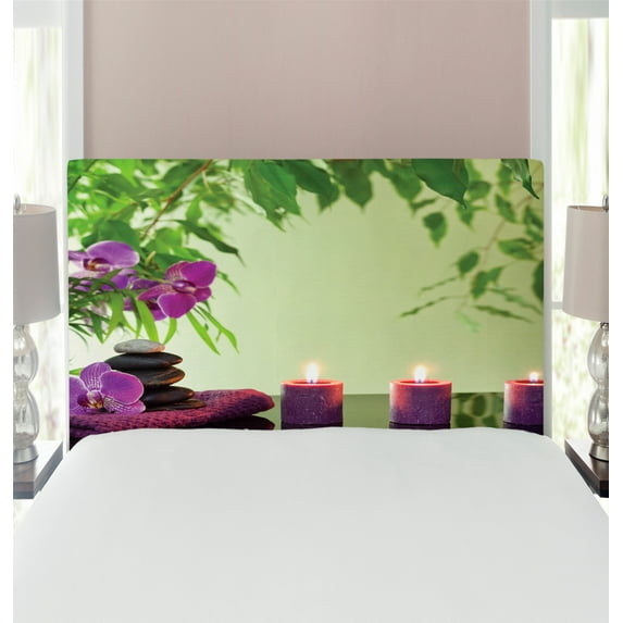 Spa Headboard, Stones Aromatic Candles and Orchids Blooms Treatment Vacation, Upholstered Decorative Metal Bed Headboard with Memory Foam, Twin Size, Pale Green Fern Green, by Ambesonne