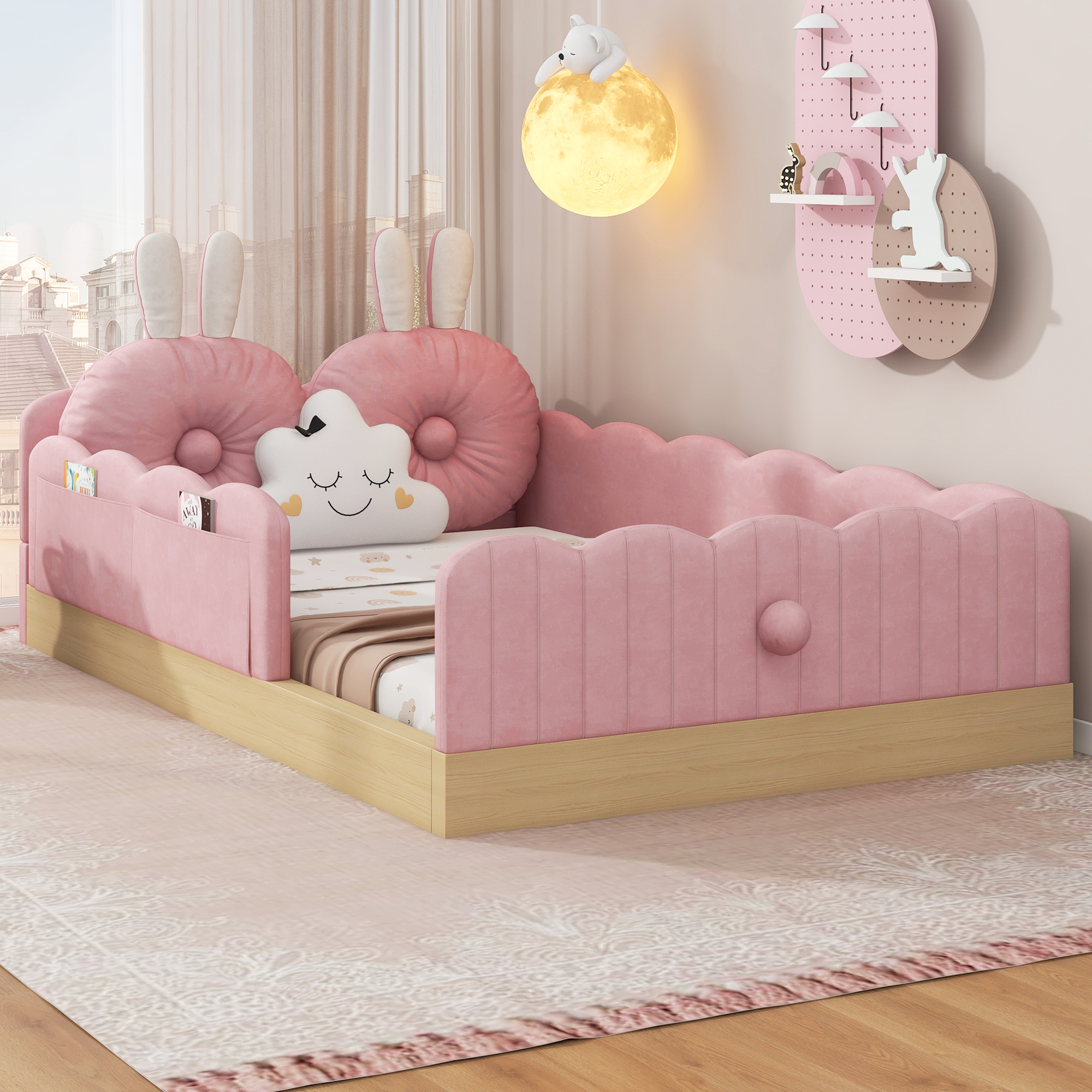 Euroco Upholstered Twin Size Platform Bed, Cartoon Floor Bed with Pillows and Storage Bags, Pink