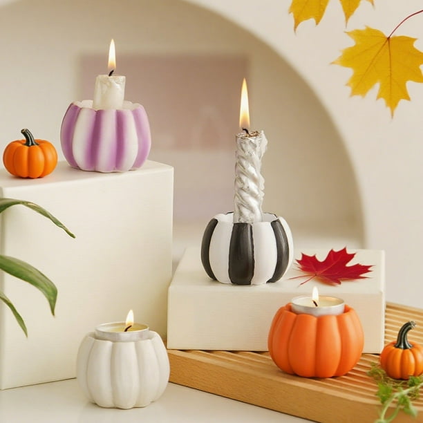 Candelabro de calabaza de Halloween de resina | Mini taza decorativa para velas, blanco, naranja, negro, púrpura | 6,5x4,5 cm de acento, decoración moderna de mesa de la casa de la cosecha, adorno
