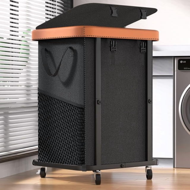 Cesto de ropa para ropa, 150 L (40 galones), con ruedas, cuero negro