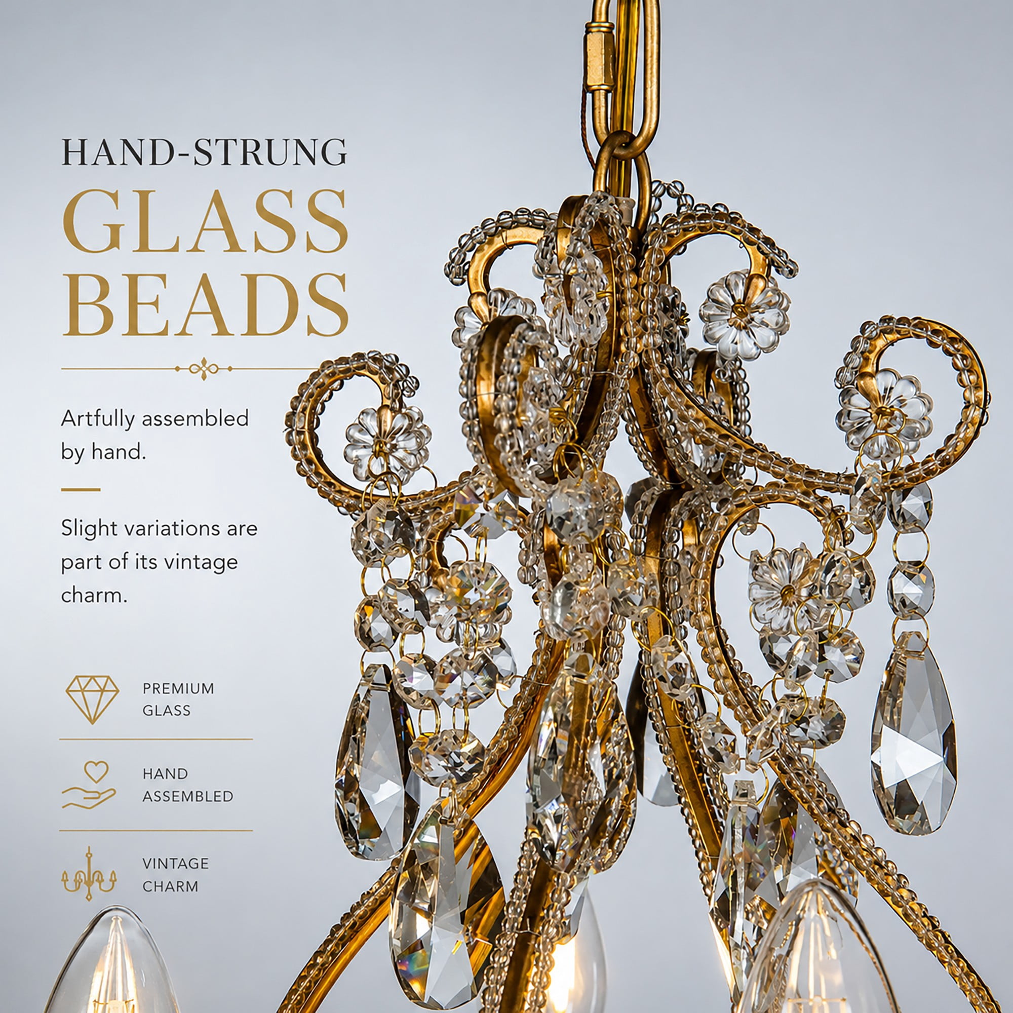 4-Light Antique Gold Crystal Candlestick Chandelier with Teardrop Beads Chandelier