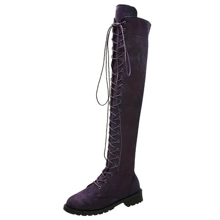 

Ediodpoh Women s Fashion Flock Round Toe Boots Solid Shoes High Heels Over LacUp Knee High Boots Shoes Woman 2024 Trend Purple 7