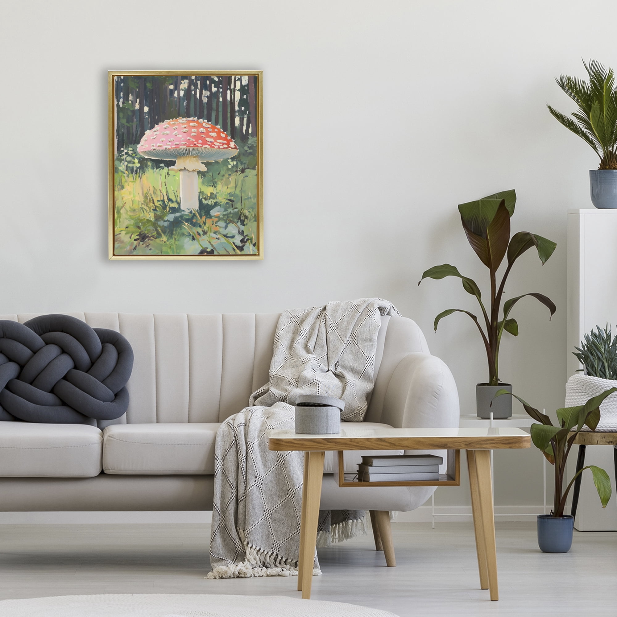 Stupell Industries Red Mushroom in Sunlit Forest Gold Framed Floater Canvas Wall Art, design by The Prints Vibe