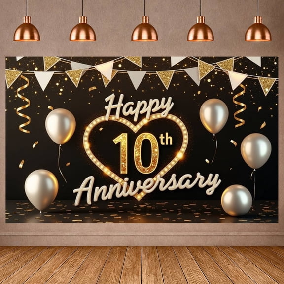 Golden Glitter Happy 10th Anniversary Banner Heart-shaped 10th Anniversary Backdrop Sparkling Lights Metallic Balloons Luxury Celebration Background for Wedding Anniversary Couple Celebration Indoor