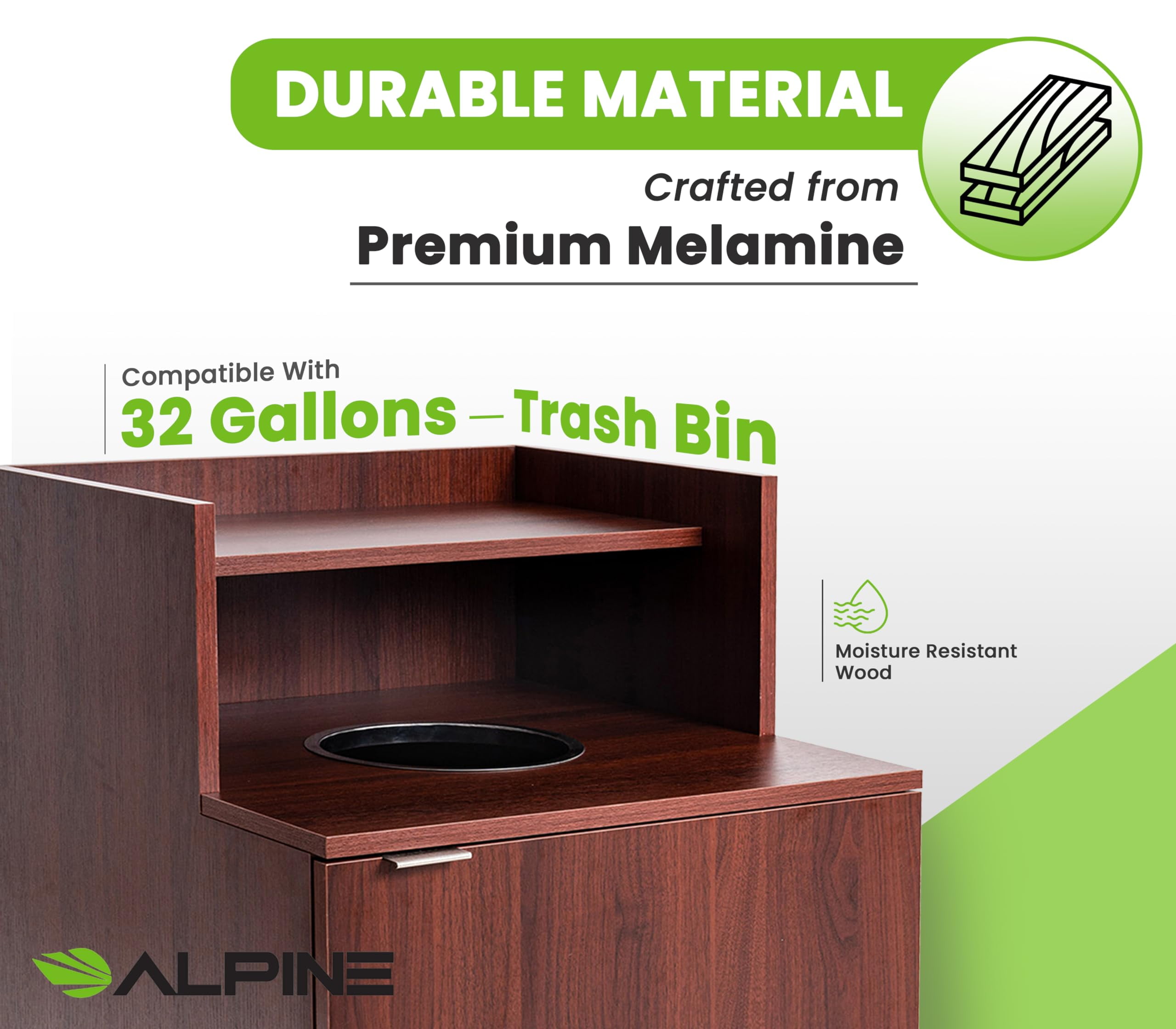 Alpine Restaurant Trash Bin Cabinet - Commercial Trash Can Garbage Receptacle with Tray Holder for 32 Gallon Garbage Bin (Mahogany)
