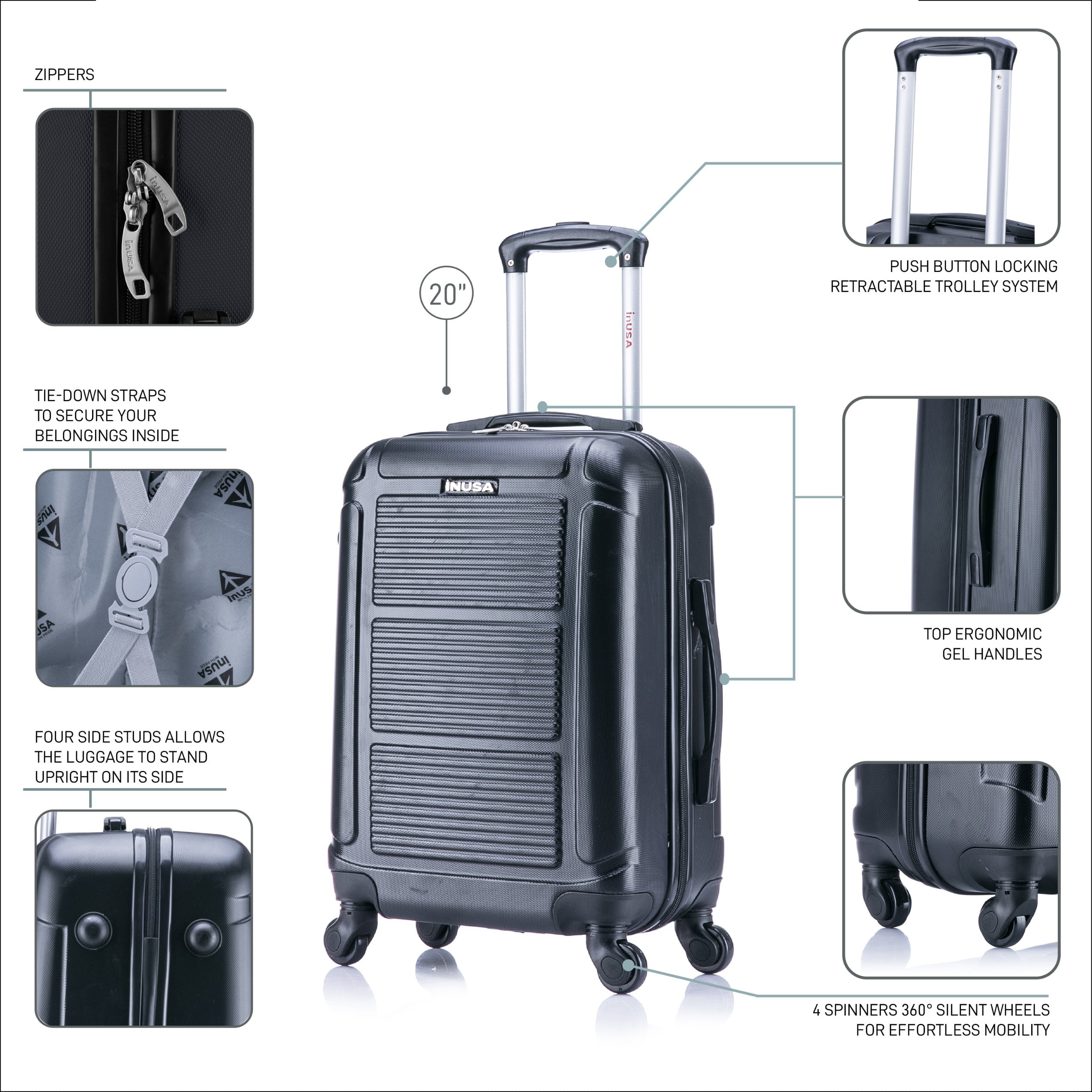 InUSA Pilot 20" Hardside Lightweight Luggage with Spinner Wheels, Handle, and Trolley, Black