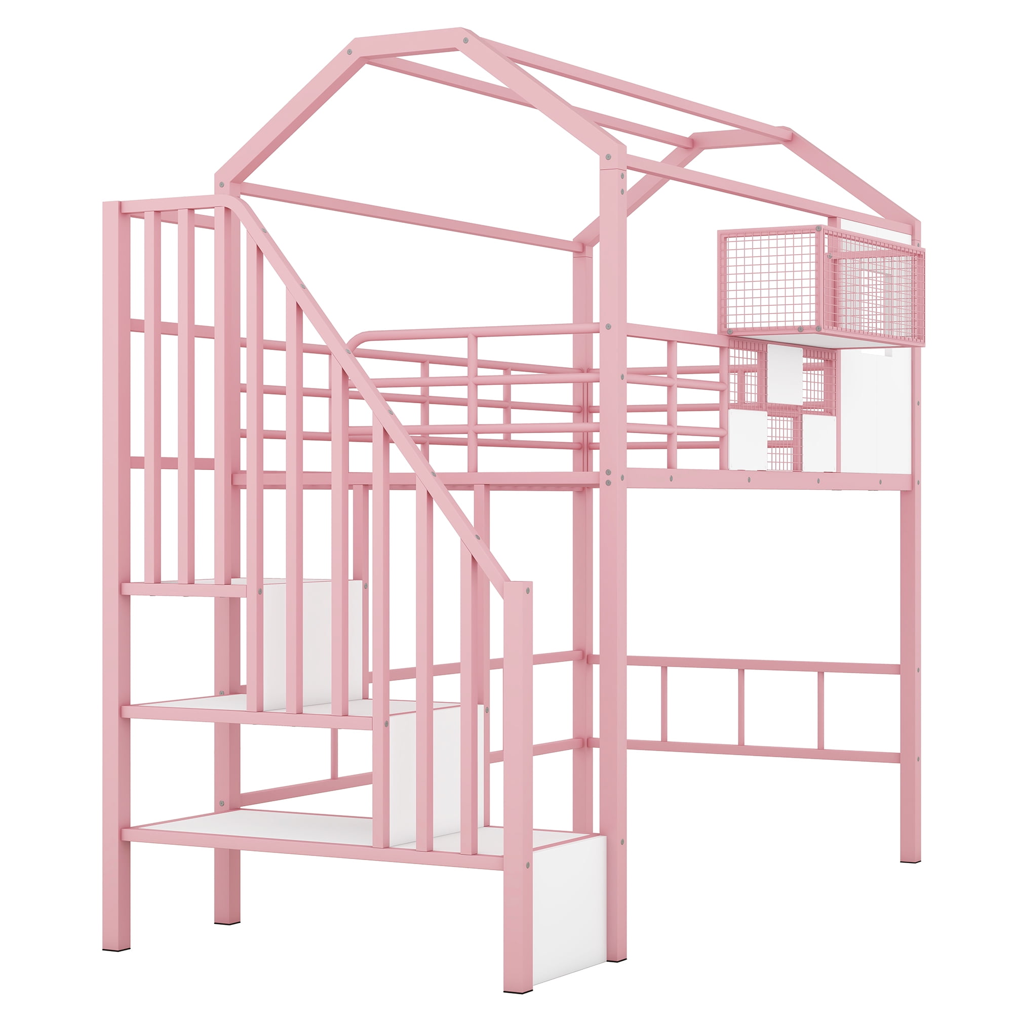 Yoneston Twin Size Loft Bed with Stairs and Storage Box, Heavy Duty Metal Loft Bed with Roof Design for Kids Teens, Pink