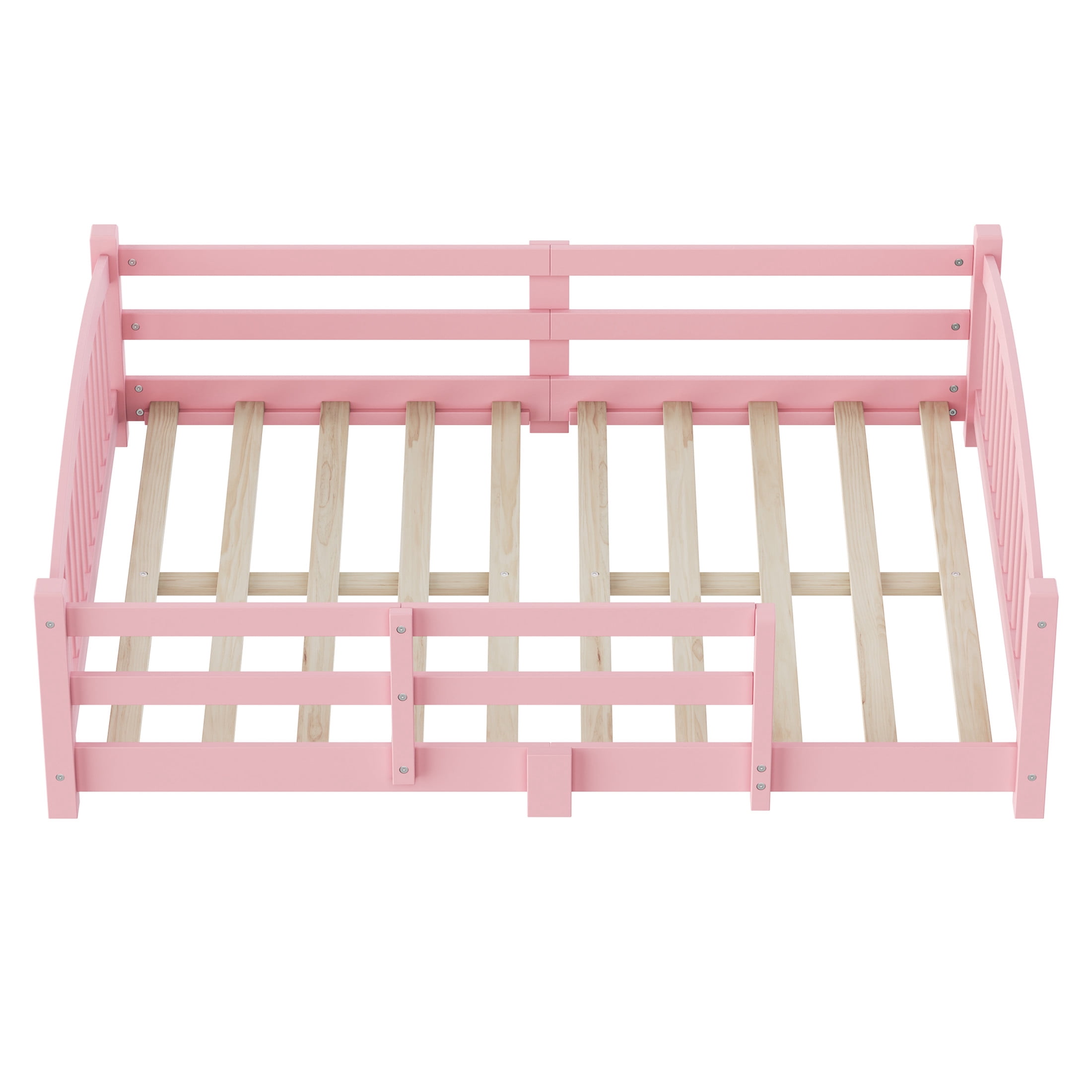 Noble House Full Floor Bed with Slats, Safety Guardrails, Solid Wood Frame, Pink