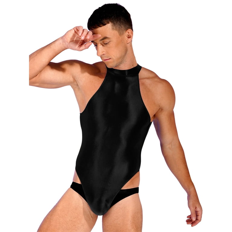 iEFiEL Mens Glossy Zipper Back Bodysuit One Piece Sleeveless Gymnastics  Training Swimming Leotard Black XL