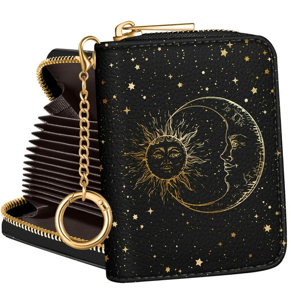 Gemfits Credit Card Holder for Women Cute Girls Female Rfid Leather Cardholder Wallets with Keychain Purse Kawaii Girly Aesthetic Print Zipper,Sun Moon Star