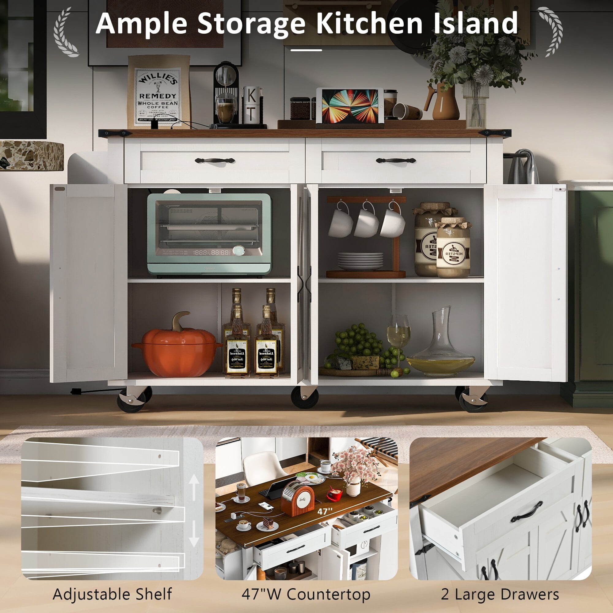DEALTOPS 53.5" Farmhouse Kitchen Island with Power Outlet & Drop Leaf, Rolling Storage Cart, Distressed White