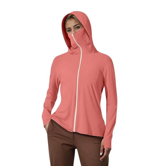 Alun Womens Upf 50 Full Zipper Fishing Hoodie Shirt with Facial Occlusion and Thumb Holes Design Lightweight Pure Slim Fit Long Sleeve Hooded Tops with Pockets 2—Watermelon Red XL