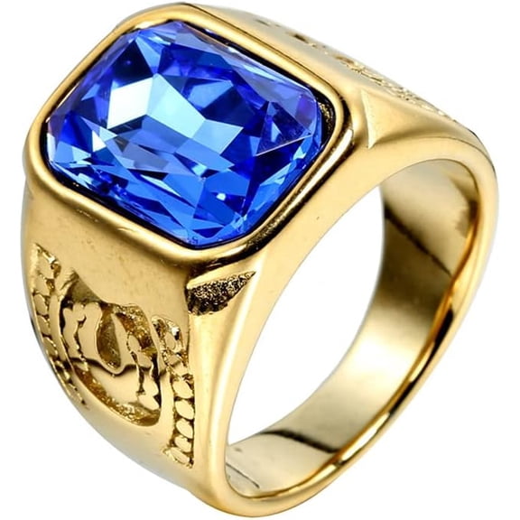 Men Vintage Stainless Steel Flower Pattern Carved Side Cut CZ Signet Ring Multicolor