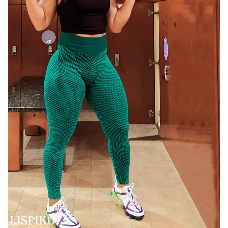 Women's High Waist Ruched Yoga Pants Tummy Control Textured Butt Lifting  Workout Leggings Stretchy Booty Scrunch Tights (Green, Large)
