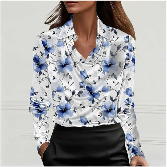 Craaazy Women's Long-Sleeved Cowl Neck Casual Business Printed Pullover Work Tops Gifts