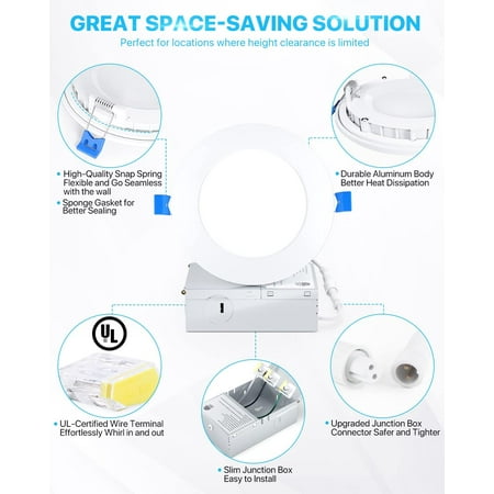 

12 Pack 6 Inch Ultra-Thin LED Recessed Ceiling Light with Junction Box 3500K Neutral White 12W 110W Eqv Dimmable Can-Killer Downlight 1050LM High Brightness - ETL and Energy Star