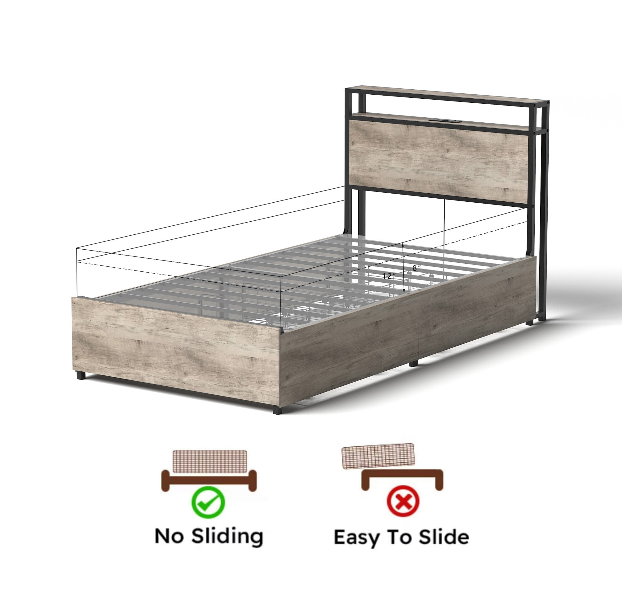 AENKYO Twin Size Bed Frame with 4 Storage Drawers, Headboard with Charging Station, RGB LED Lights, Wash Gray