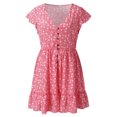 thumbnail image 4 of Prolriy Robes Printemps Été pour Femmes 2025 Robes d'Été à Manches Courtes à Fleurs Col en V Boutonnée Robes Courtes pour Femmes, Robes pour Femmes Rouge TTG, 4 of 6