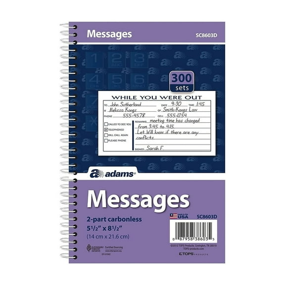 Adams® Phone Message Book, 8 1/2" x 5 1/4" , 100 Pages, White/Canary Yellow