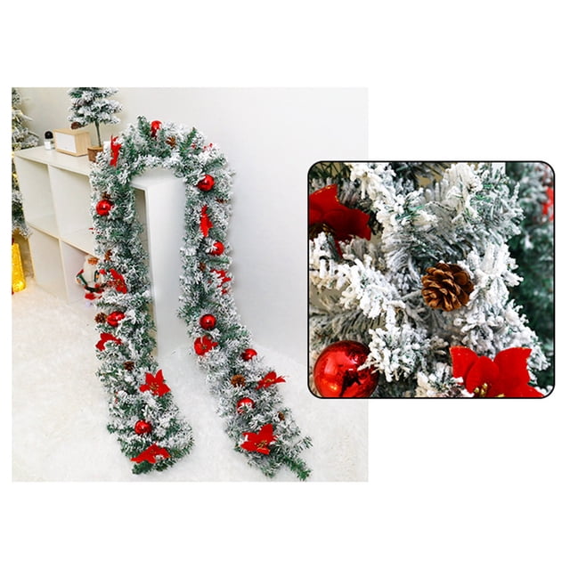 Fiudx Guirnalda Navideña de Ratán con Ramas de Pino Blancas, Color Dorado, Rojo y Rosa, Decoración Festiva para Pasamanos, Multiusos, Decoración para Fiestas, 270 Cm de Largo.