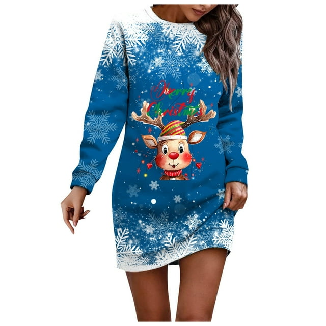 Wyzesi Robes Rouges pour Femmes Grande Taille Automne Robe Chandail Imprimée de Noël pour Femmes Col Rond Manches Longues Ample Sans Capuche Robe Décontractée Robes d'Hiver pour Femmes Grande Taille Midi