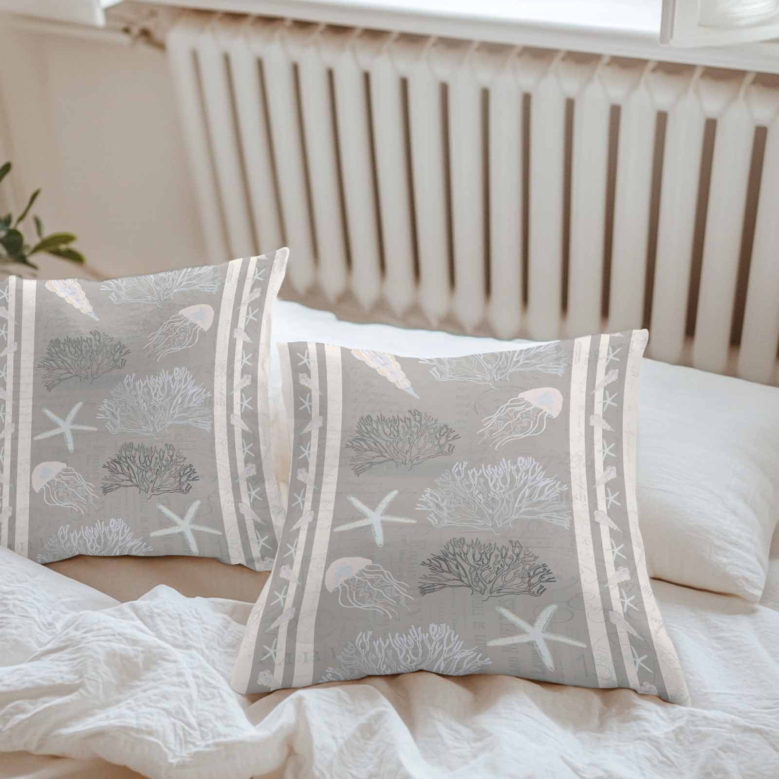 Outdoor Pillow Covers 24 x 24 Inches, Gray Coastal Waterproof Throw Pillow Cover Set of 2, Nautical Beach Summer Sea Starfish Coral Decorative Square Cushion Covers for Patio/Tent/Couch/Garden