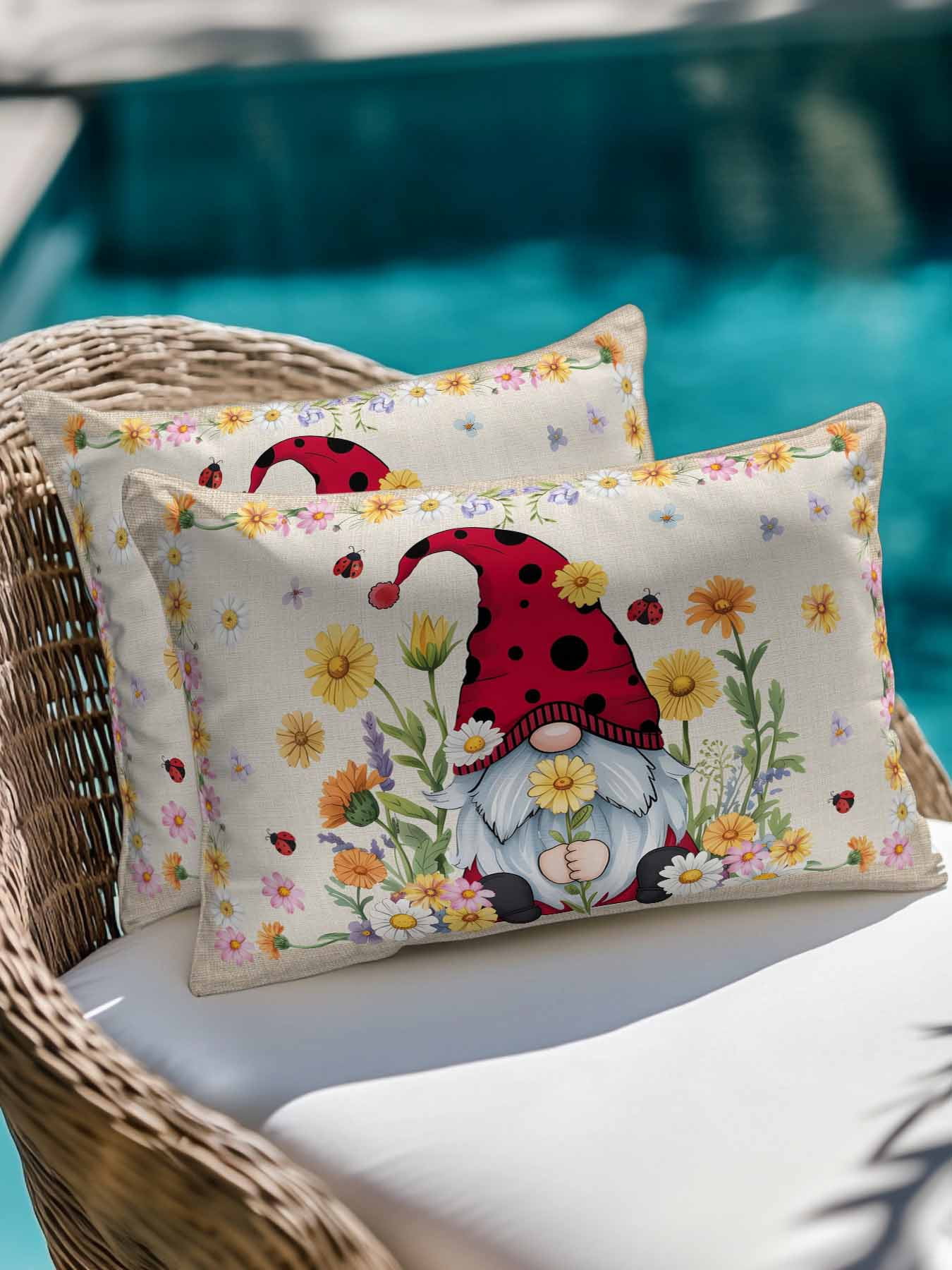 Outdoor Pillows Waterproof, Daisy Gnomes Bedding Throw Pillows with Insert for Couch Sofa Bed, Farmhouse Pastoral Garden Floral Burlap 12x20 Inch Pillowcases Decorative Camping Patio Pillow Set of 1