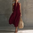thumbnail image 2 of Tqcoqu Linen Dress Women,Cotton Halter V Neck Maxi Dresses Casual Sleeveless Flowy Long Dress,Summer Beach Vacation Sundress,Wine Women's XS-XXL, 2 of 5