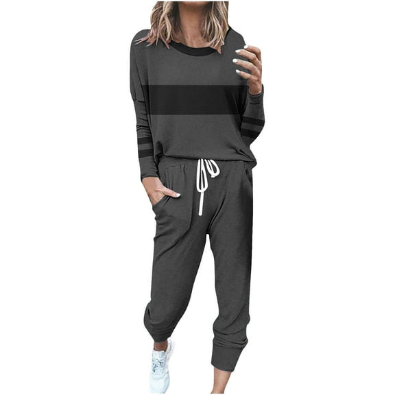 Enjoytime 2 Piece Sets for Women Winter Patchwork Long Sleeve Pullover Sweatshirt and Sweatpants Sweatsuits Fashion Plus Size Outfits