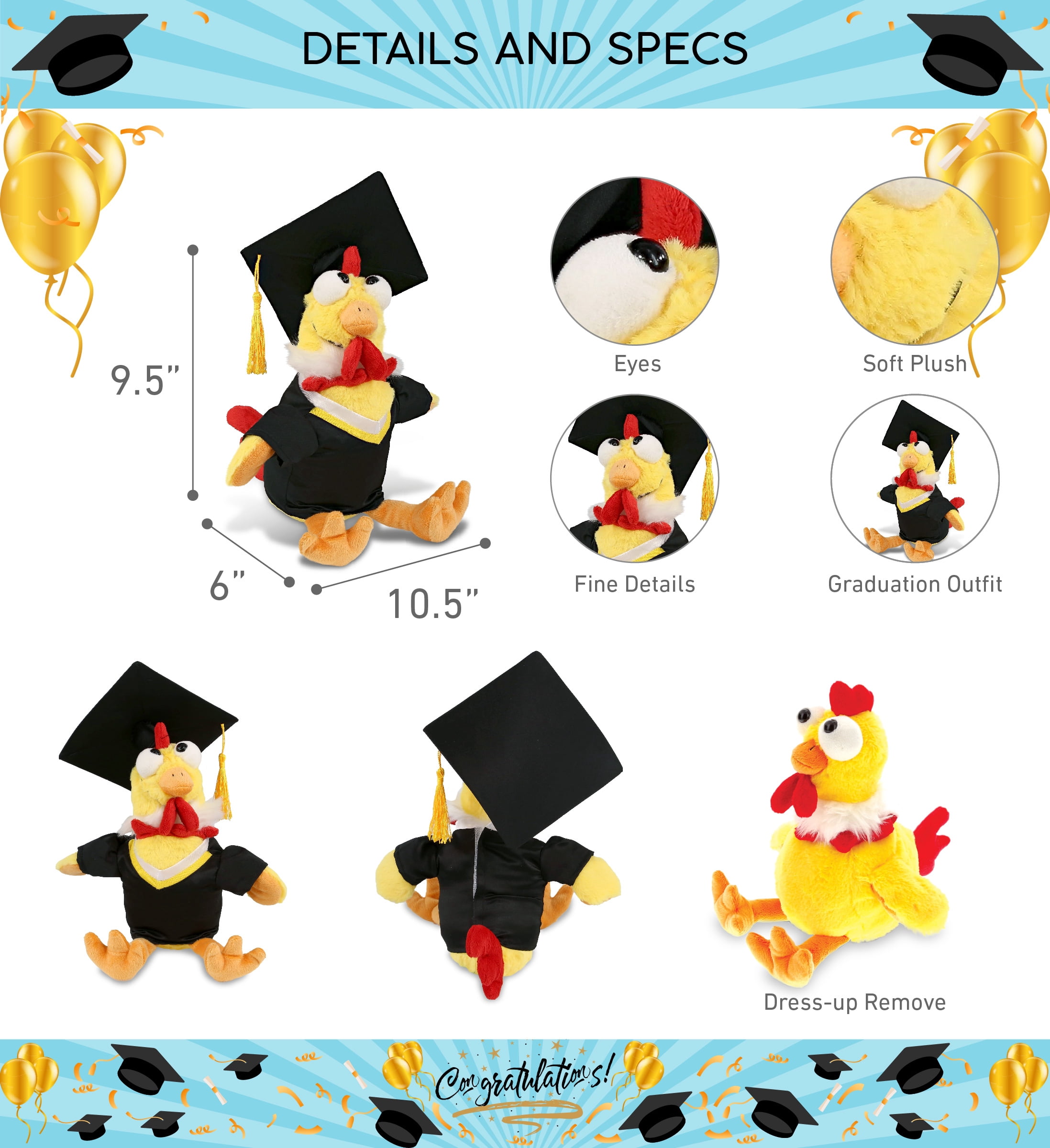 DolliBu Yellow Rooster Graduation Plush Toy - Super Soft Rooster Graduation Stuffed Animal Dress Up with Gown and Cap with Tassel Outfit - Reward Celebration Grad Gift - 10.5 Inch