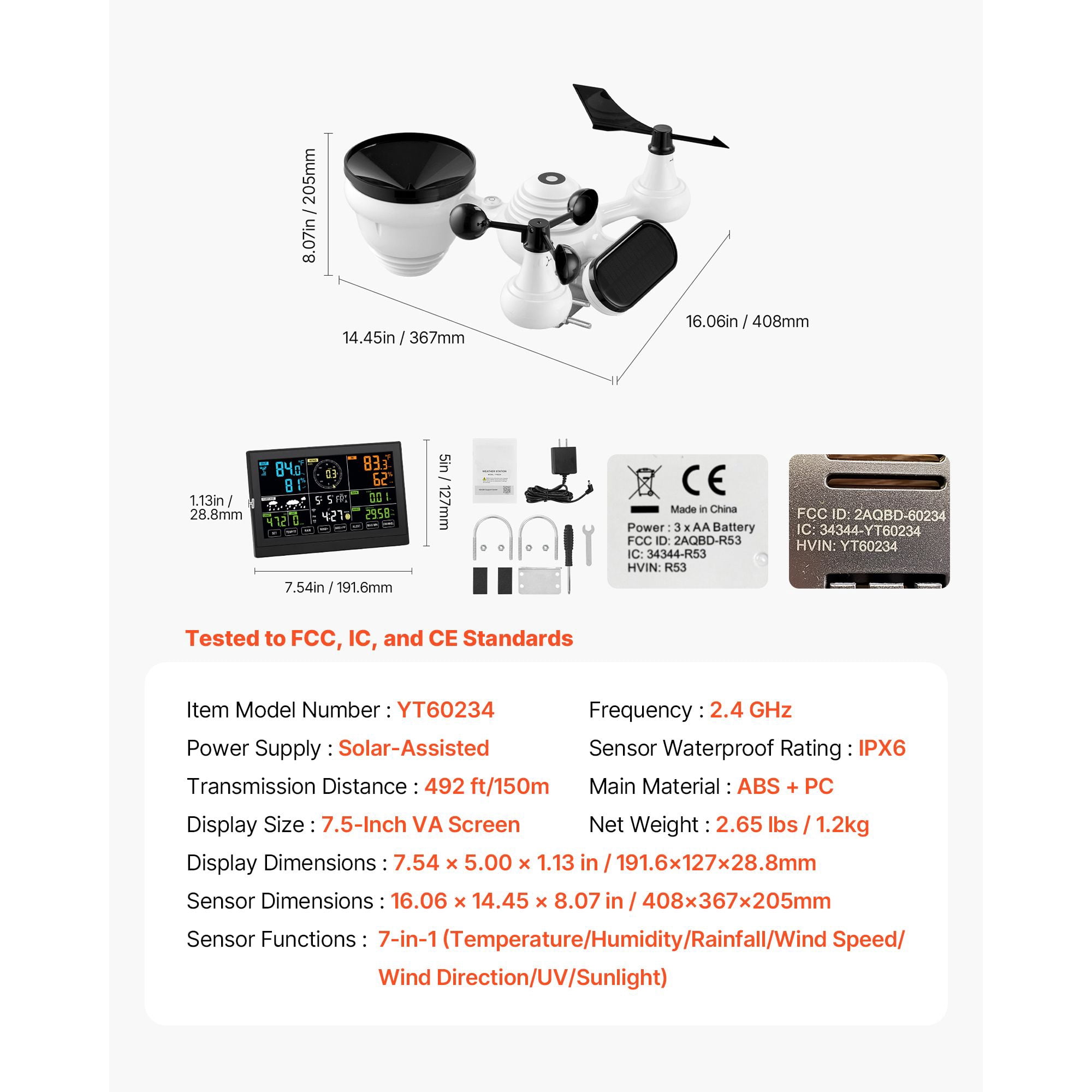 WiFi Weather Station 7-in-1 7.5 Inch Display Solar Powered Outdoor Sensor for Home Garden Farm