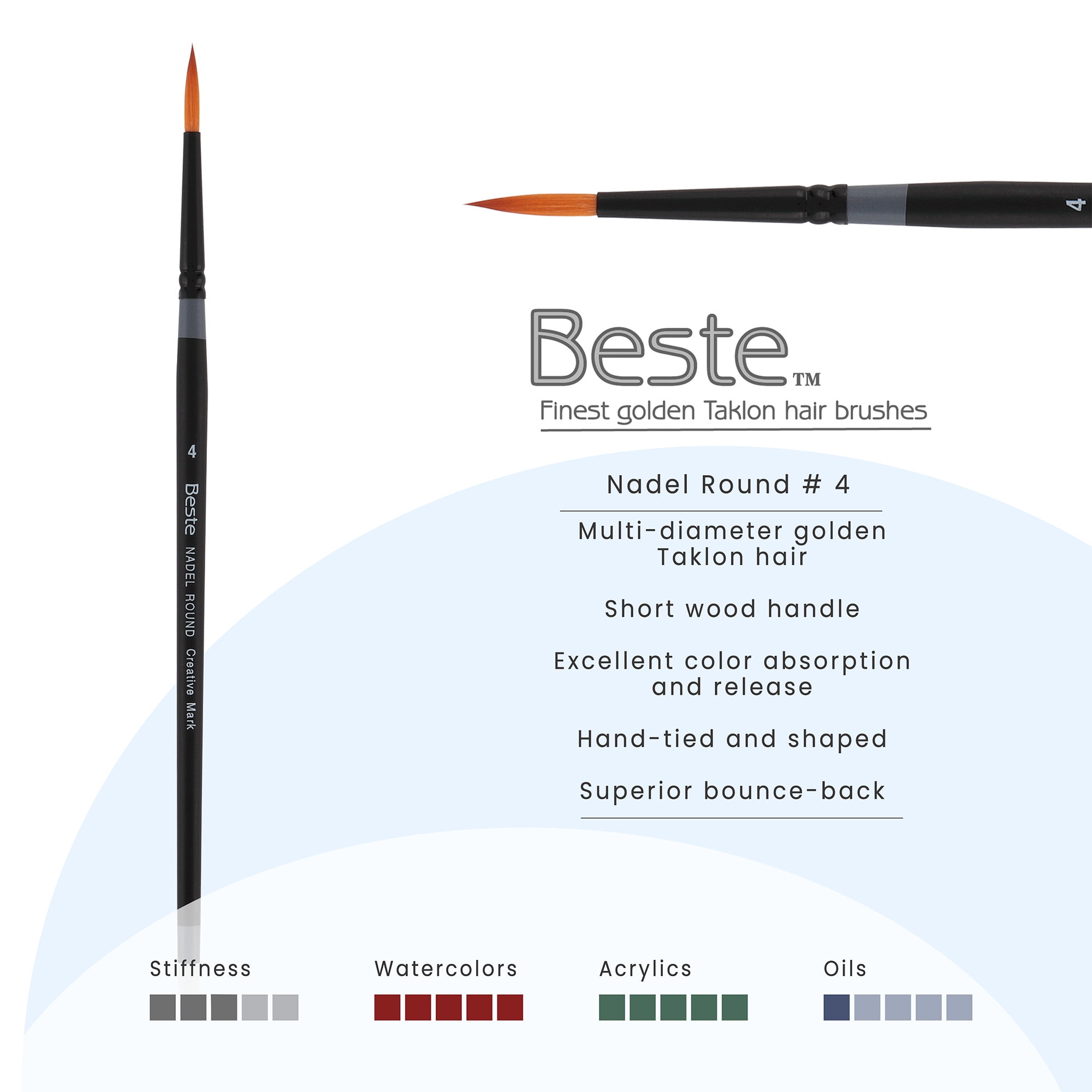 Creative Mark Beste Golden Taklon Nadel Round #4 - 3 Pack Artist Brush, Professional Watercolor Brushes, For Acrylic Painting, Short Handle, Sharp Edges, Hand-Tied & Shaped
