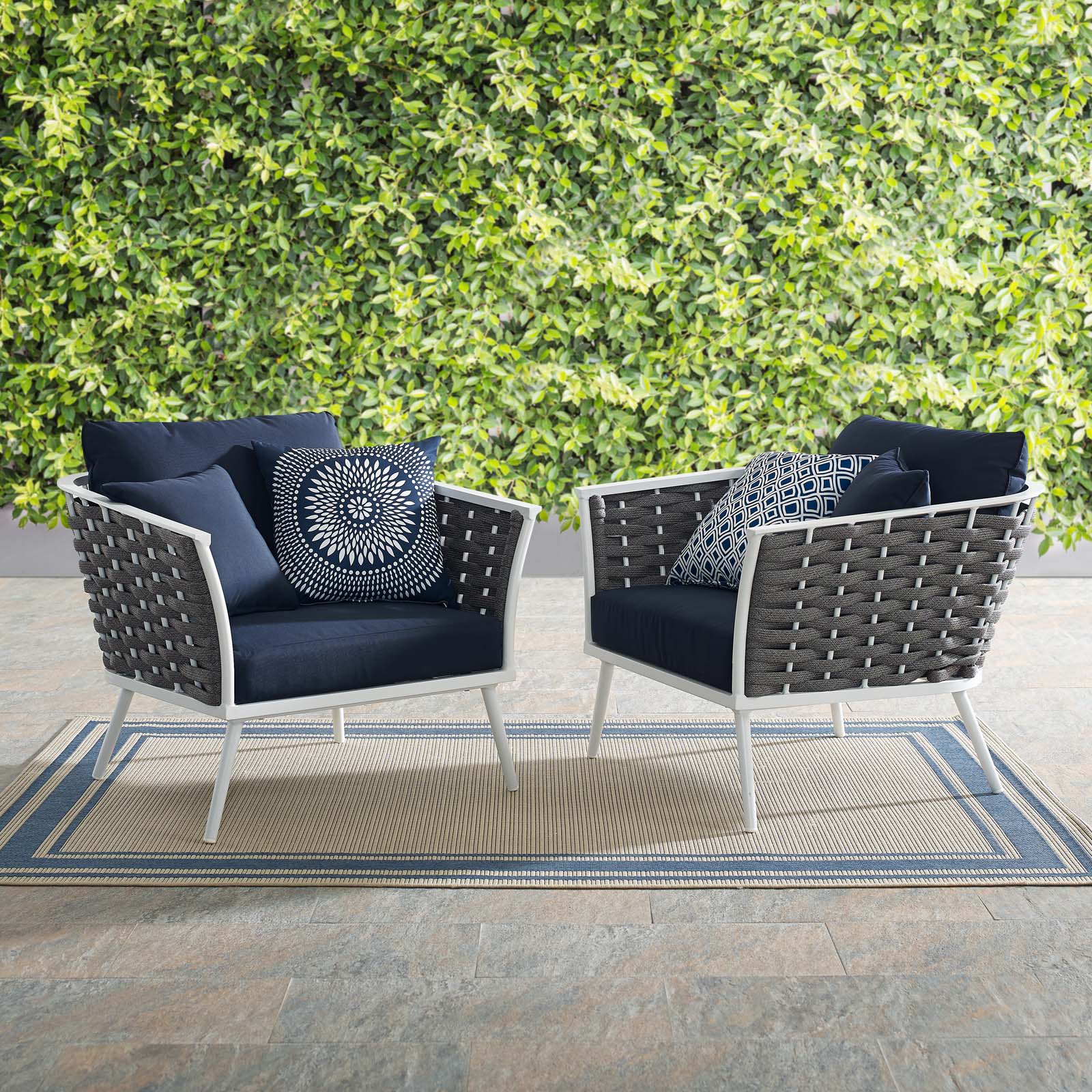 Modern Contemporary Urban Design Outdoor Patio Balcony Garden Furniture Lounge Chair Armchair, Set of Two, Fabric Aluminium, White Navy - image 2 of 6
